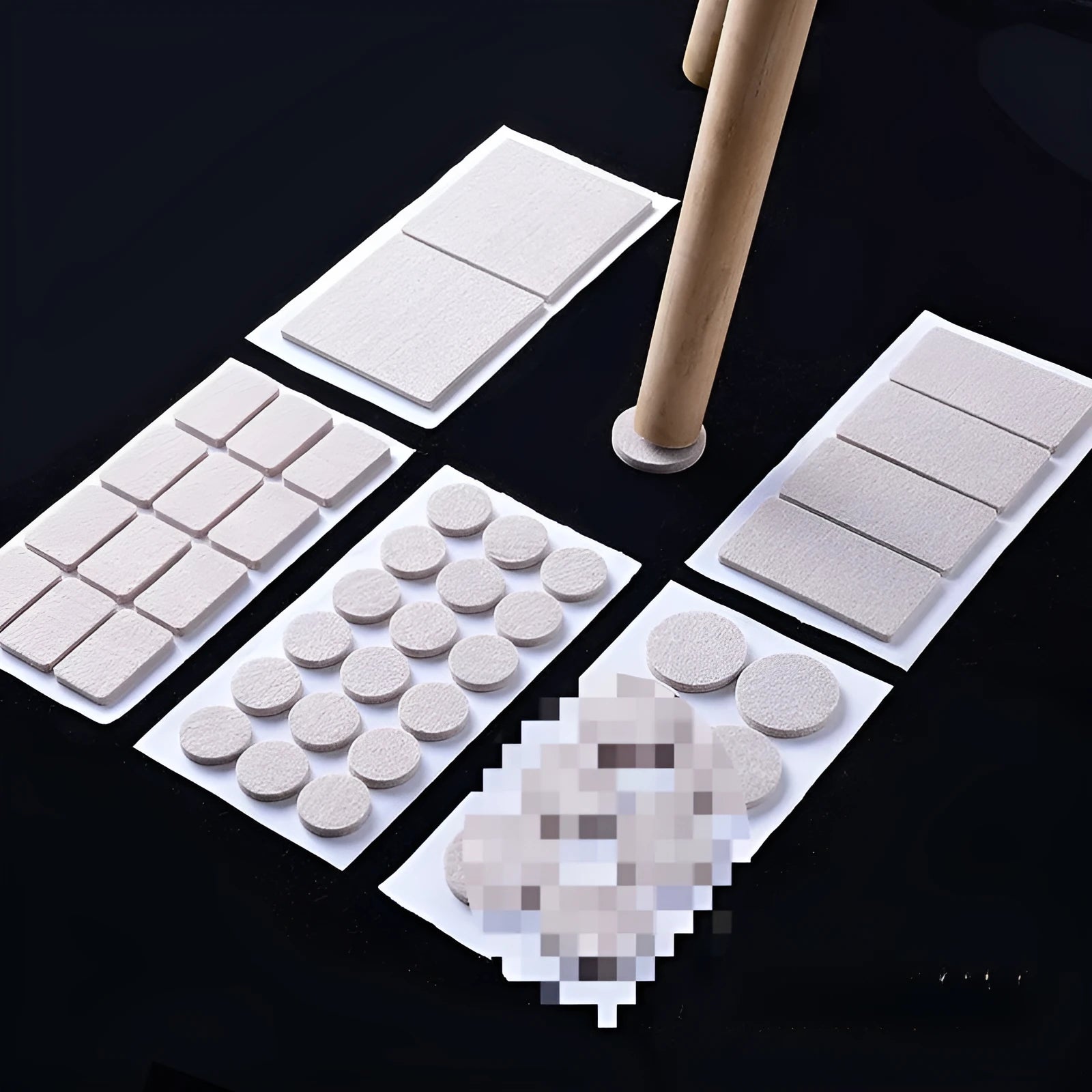 Beige plastic chair leg stoppers set with square and round floor protection pads in different sizes