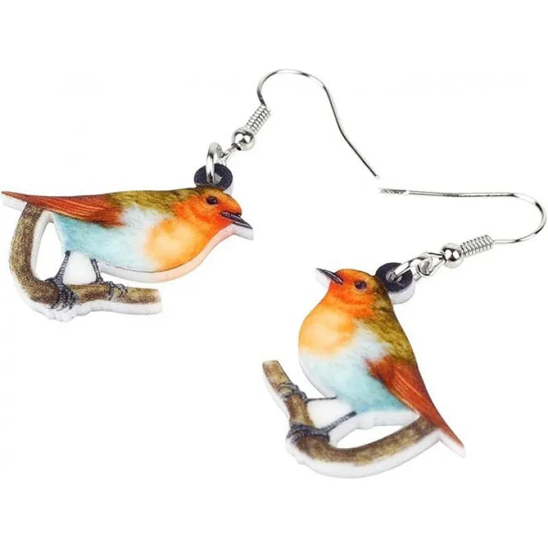 Blue titmouse pendant earrings with snake motifs on acrylic material