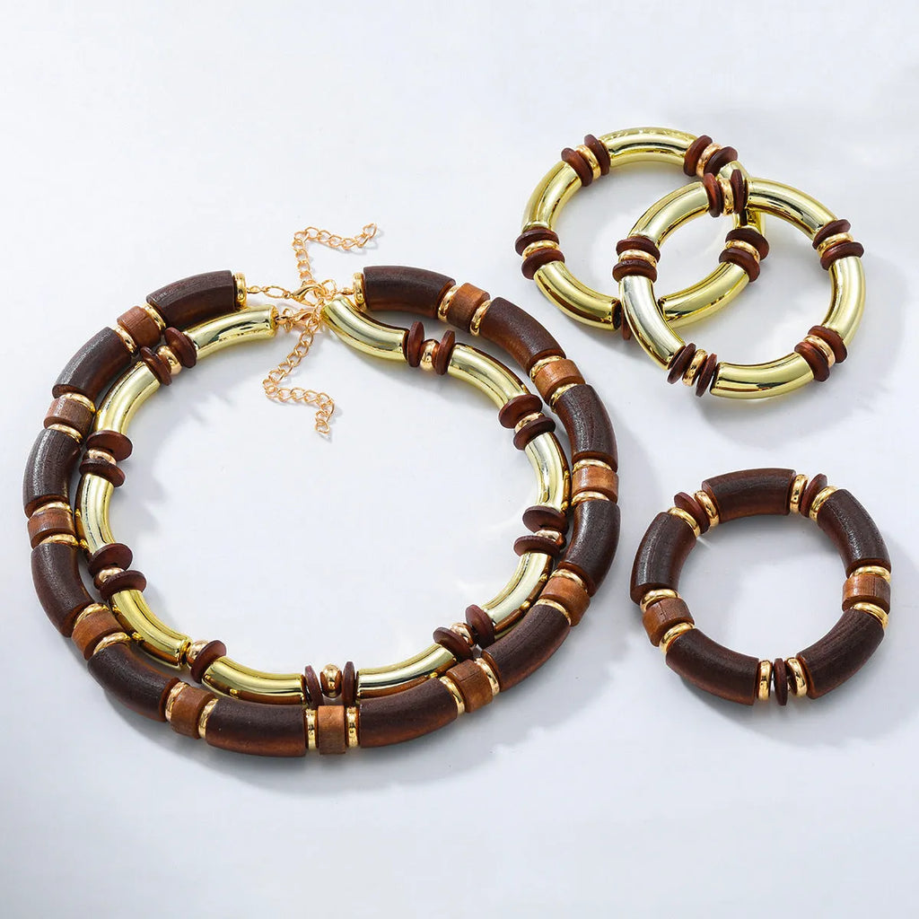 Women's exaggerated multi-layer wooden necklace and bracelet set in alloy with round pendant design