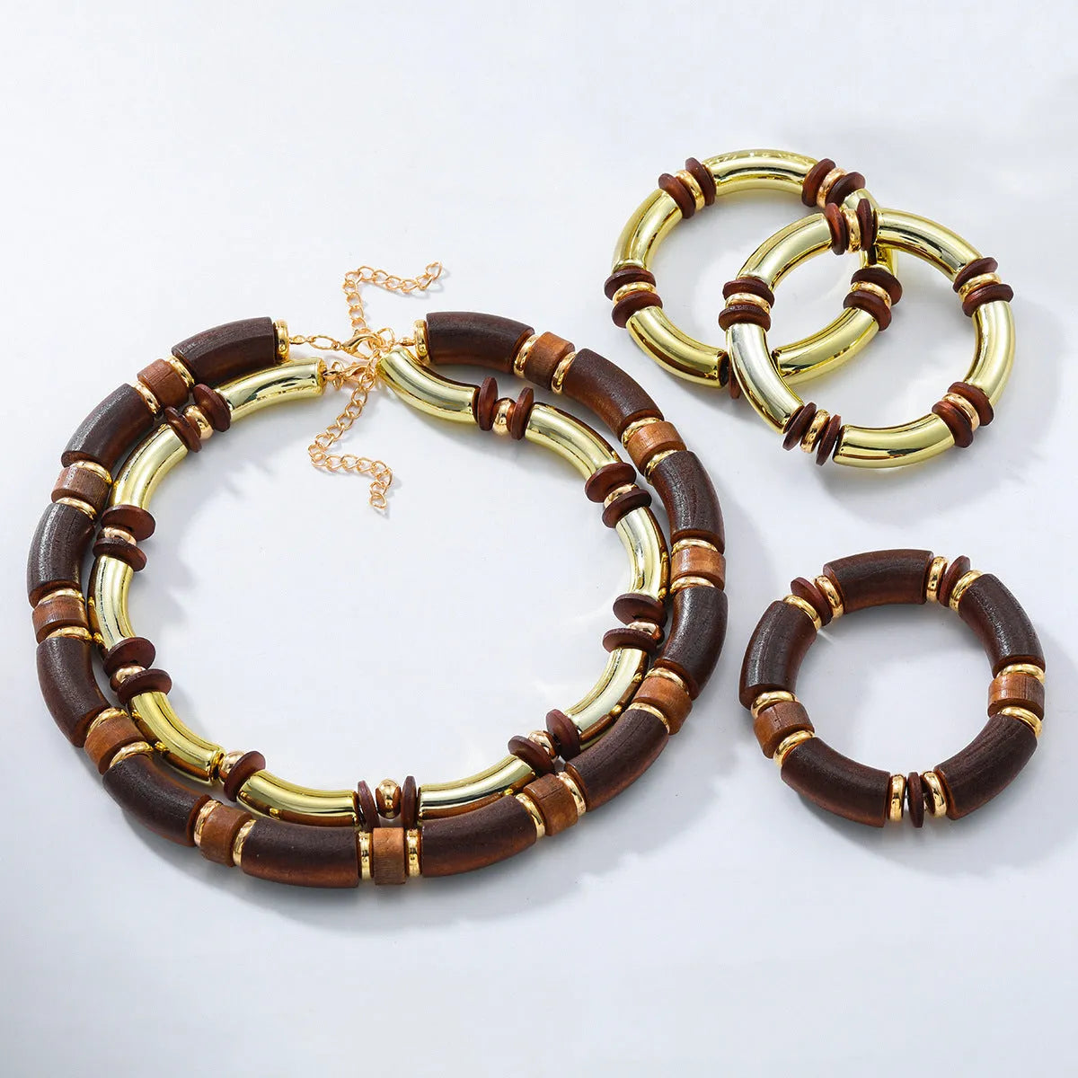 Women's exaggerated multi-layer wooden necklace and bracelet set in alloy with round pendant design