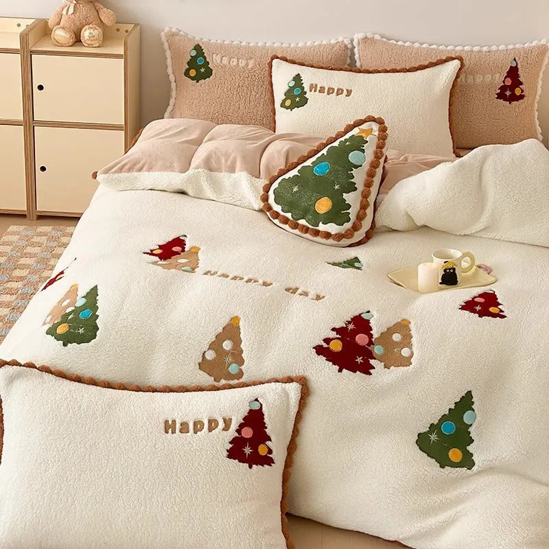 Bright yellow Christmas tree bedding set with fleece lining for winter warmth