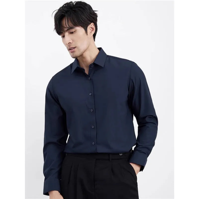Men's wine red slim fit casual cardigan shirt with non-ironing treatment and long sleeves