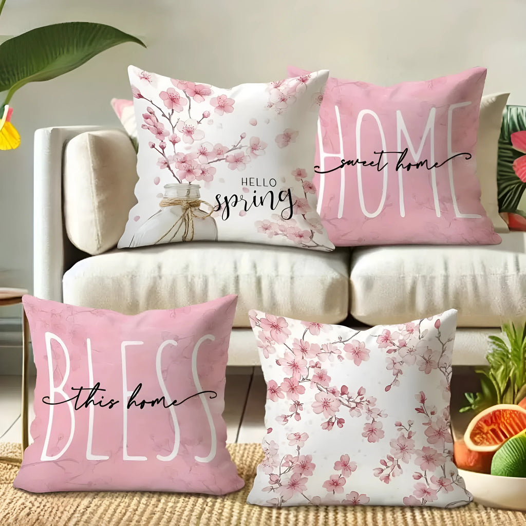 Square cherry blossom letter cushion cover with short velvet fabric in spring colour options
