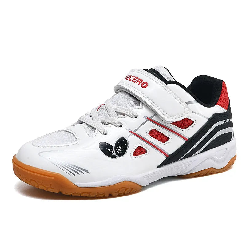 Breathable badminton shoes with PVC upper and ribbed sole in white and blue colour option