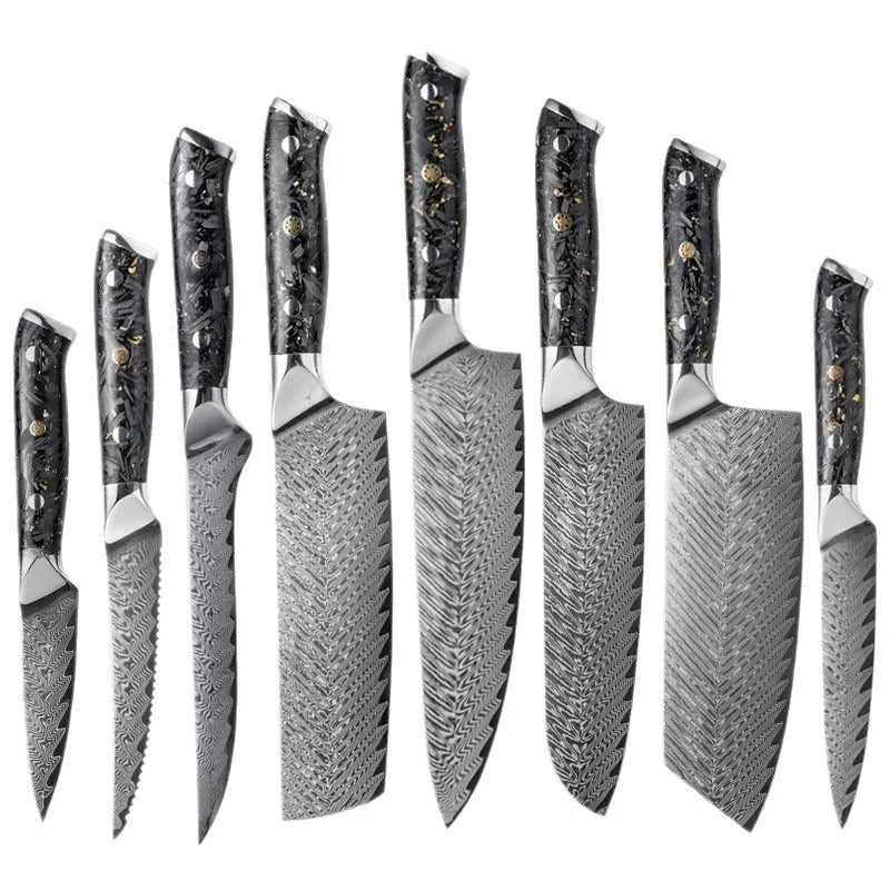 Damascus steel eight-piece kitchen knife set showing fishbone pattern on blades, including fruit, steak, boning, and chef's knives.