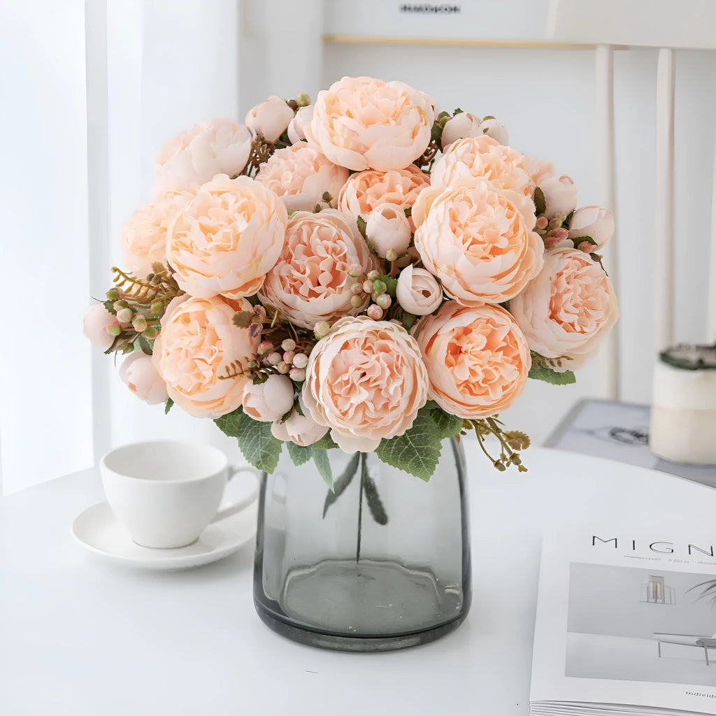 Silk artificial peony flower bouquet in multiple colour options including champagne and sand red.