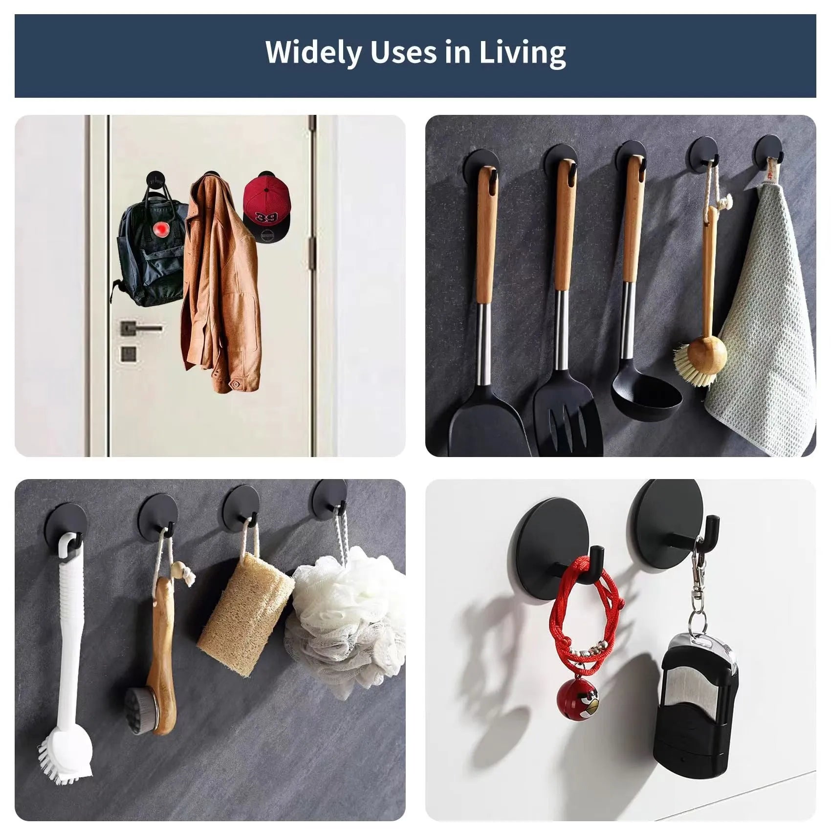 Two stainless steel self-adhesive wall hooks, one black and one polished, on a white background.