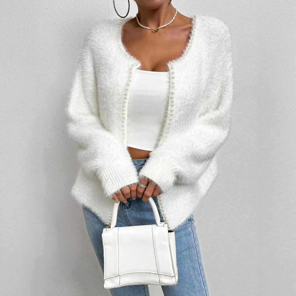 White women's V-neck cardigan with bead details, shown as a knitwear coat.