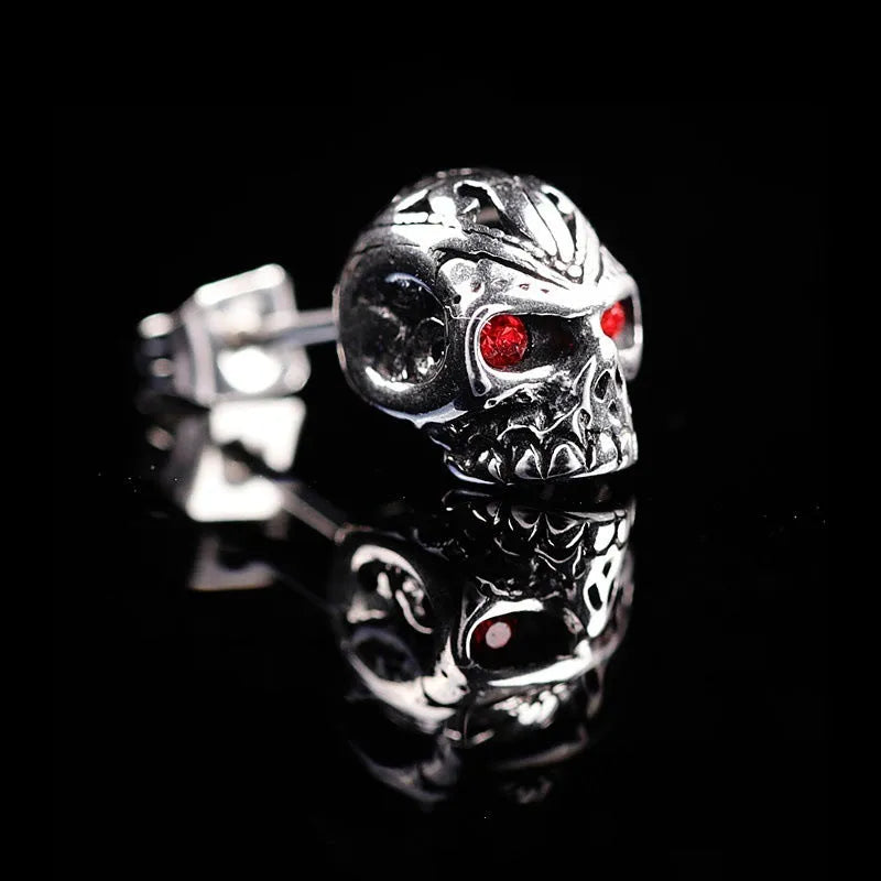 Retro skull stud earrings with red eye detailing and alloy artificial gemstone inlay