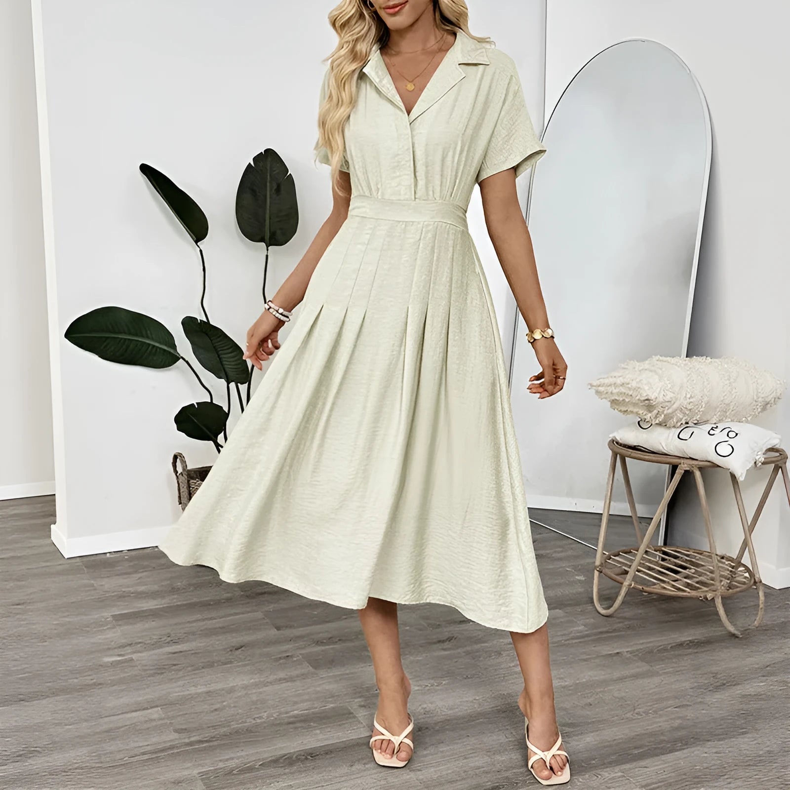Light green women's twill shirt dress with lapel collar, waist tie, and a pocket.