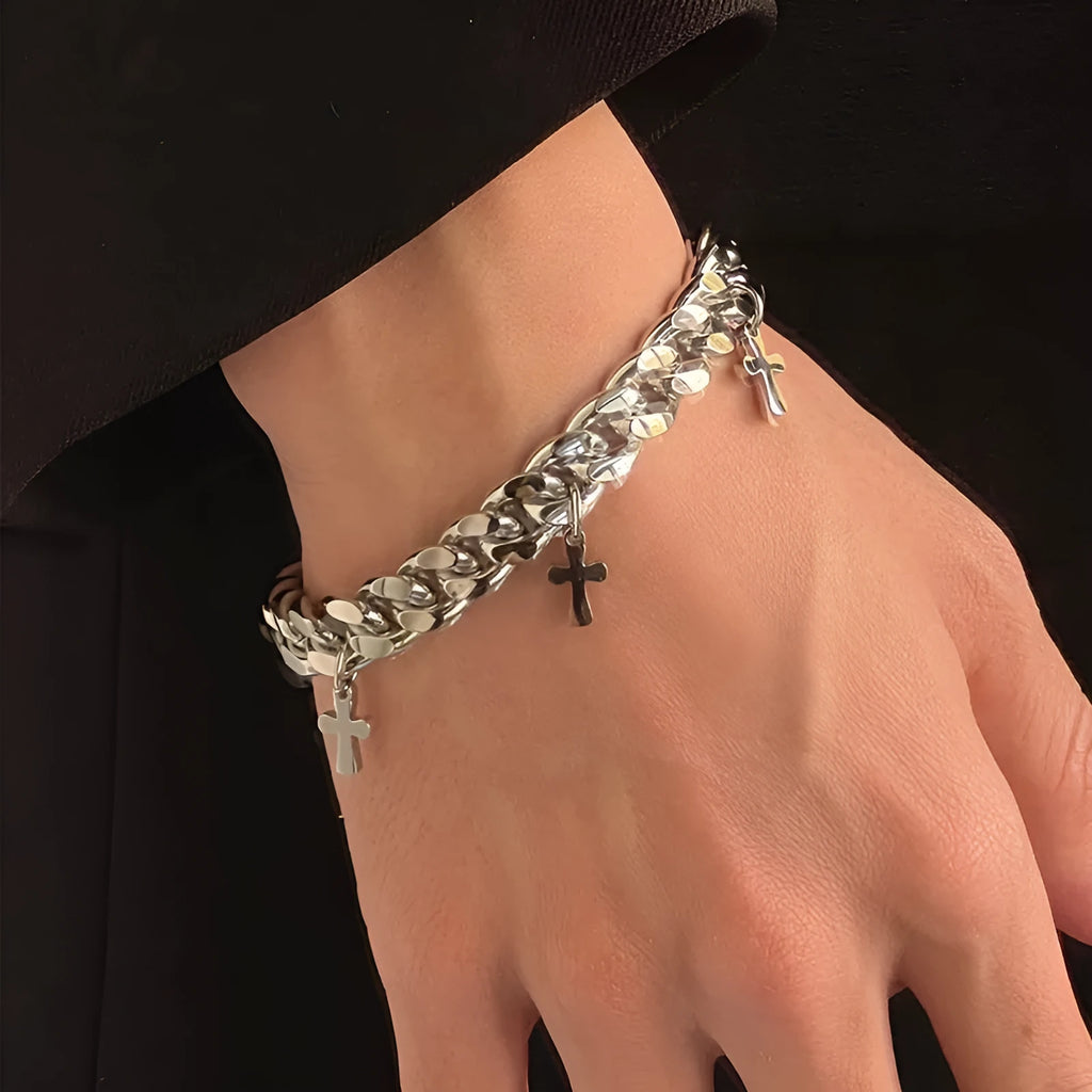 Men's geometric cross bracelet in titanium steel with adjustable closure