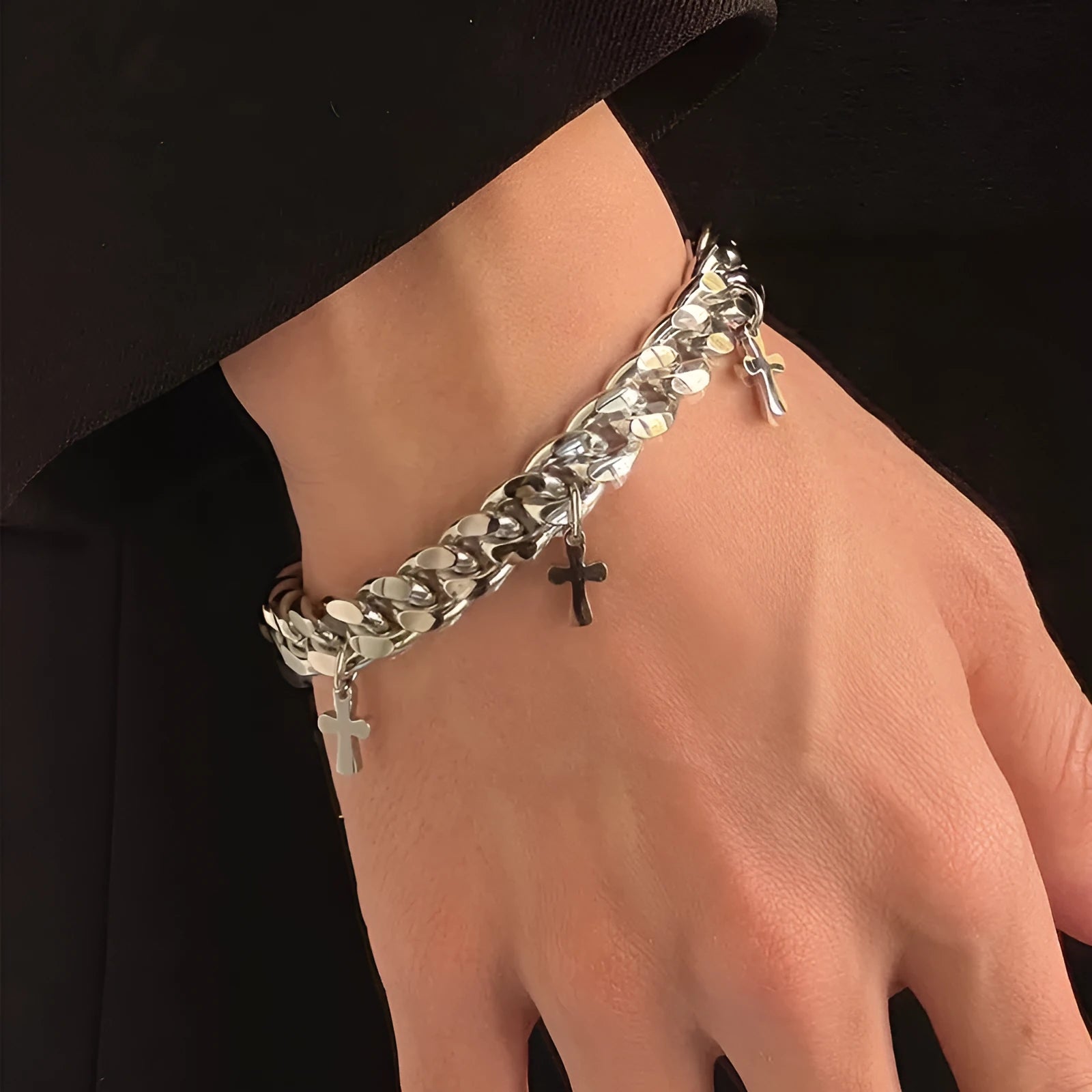 Men's geometric cross bracelet in titanium steel with adjustable closure