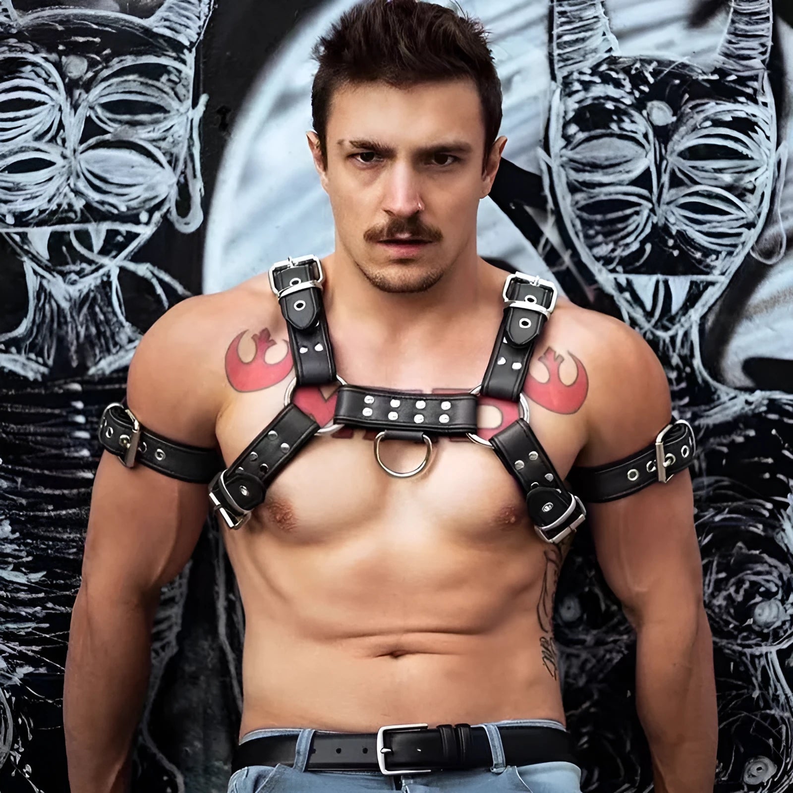 Black leather chest muscle bondage strap with metal buckle and rivet details