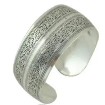 Ethnic Miao silver carved open bracelet with Roman shape design in alloy construction