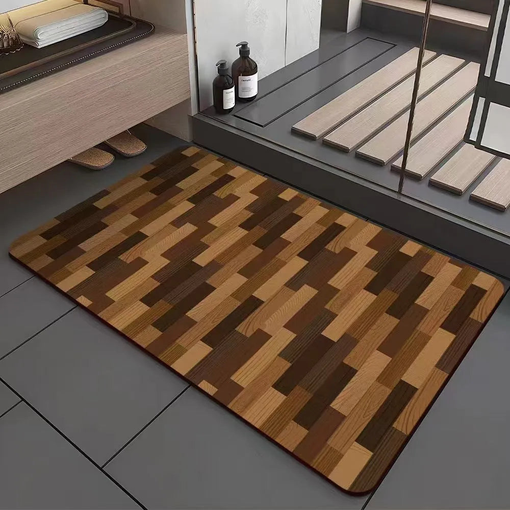 American-style square bath mat with wood grain pattern on a bathroom floor.