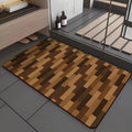 American-style square bath mat with wood grain pattern on a bathroom floor.