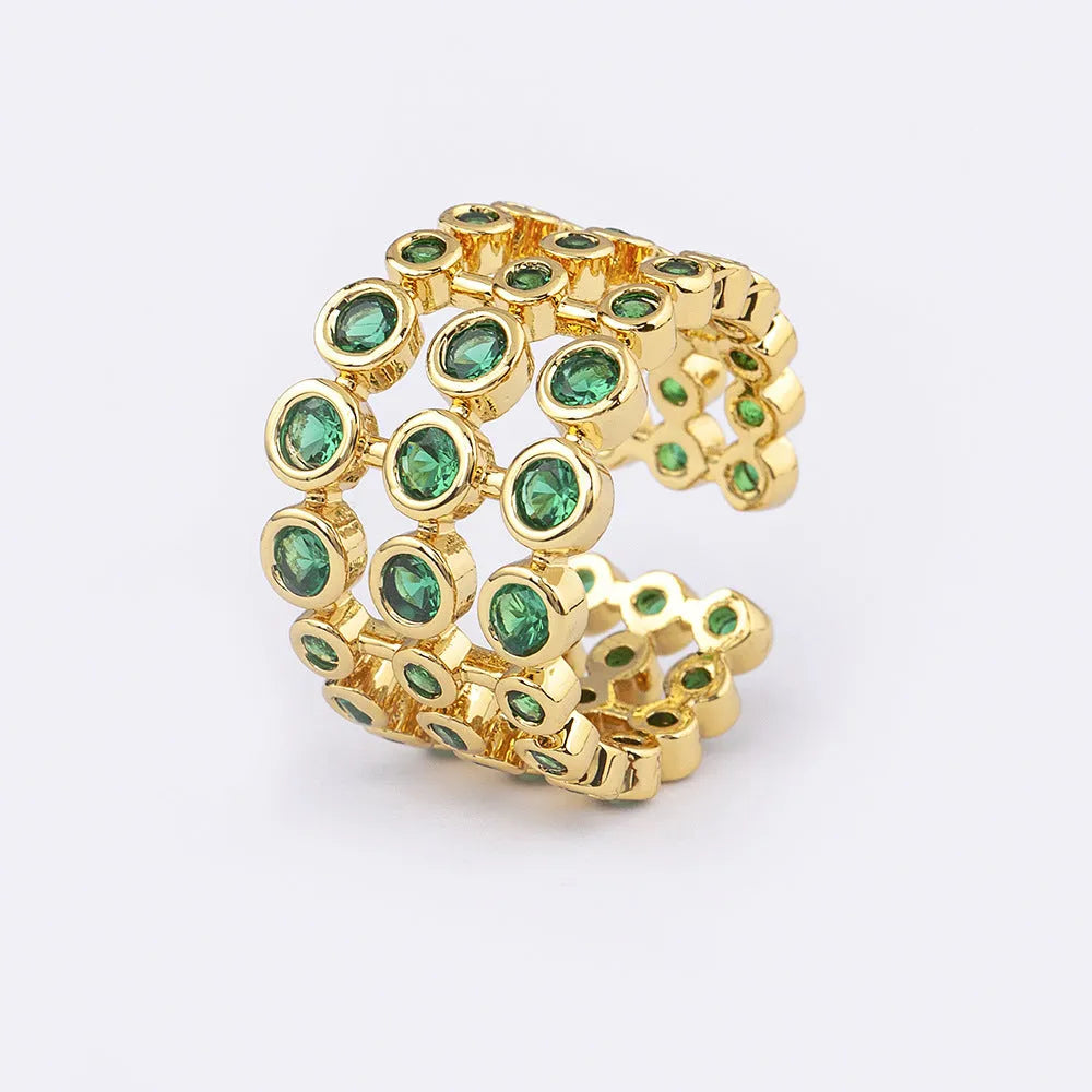 Copper 18K gold plated ring with three-layer green zircon setting in wide band design