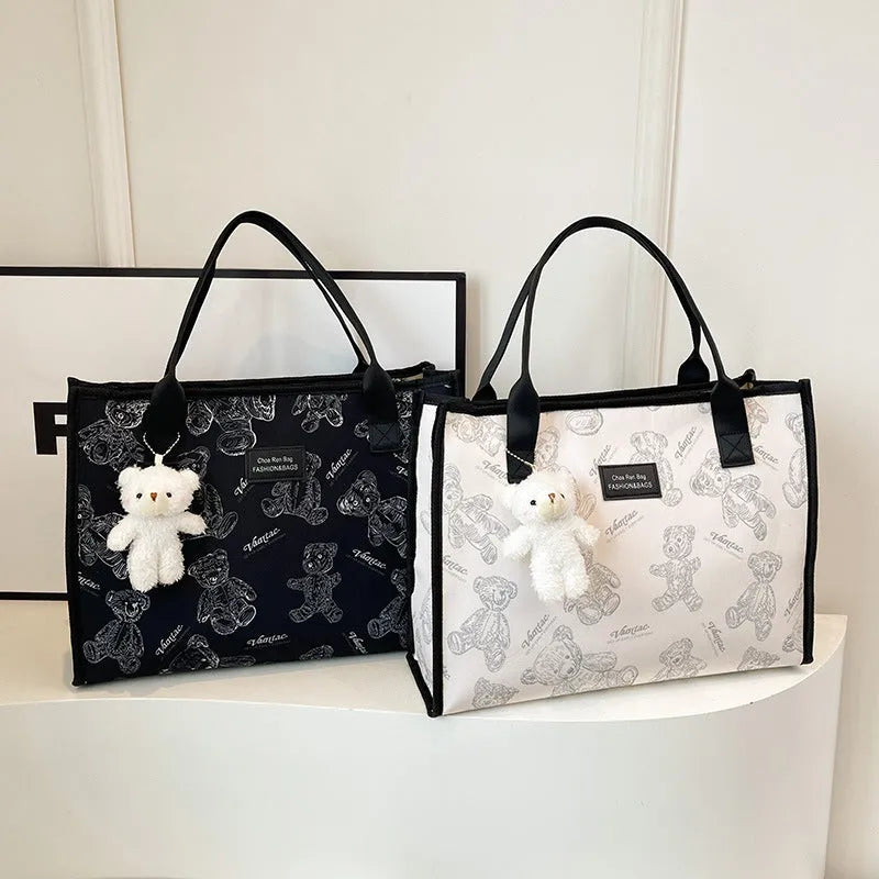 Women's large capacity canvas tote bag with rhombus pattern in black colour option