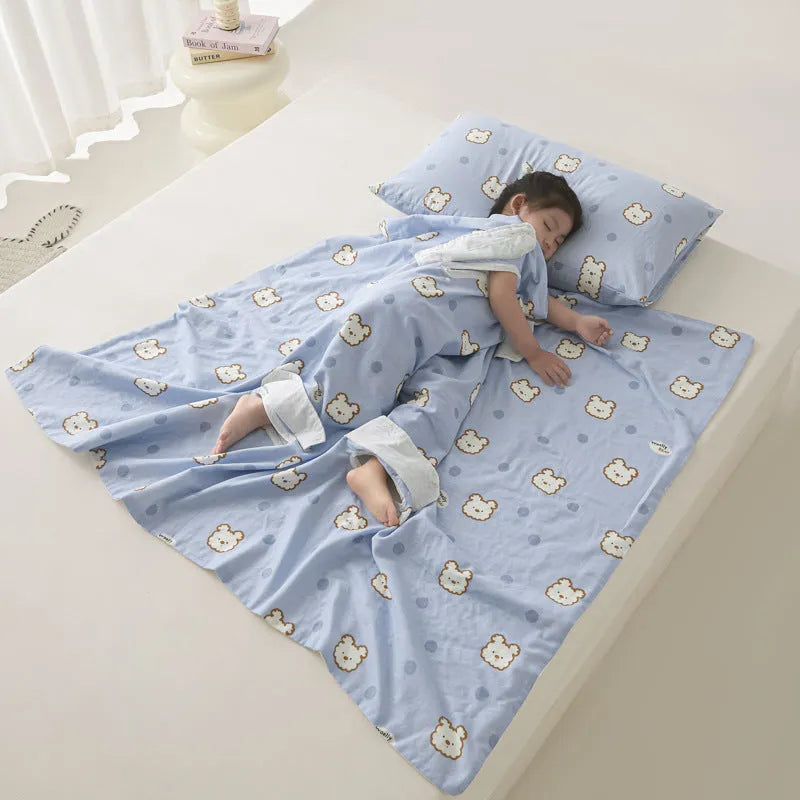 Anti-kick summer blanket in a themed colour like Cloud Bear Star Dream, shown with a matching pillowcase.