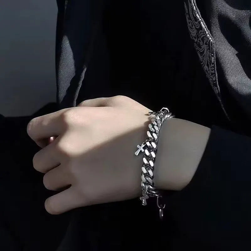 Men's geometric cross bracelet in titanium steel with adjustable closure