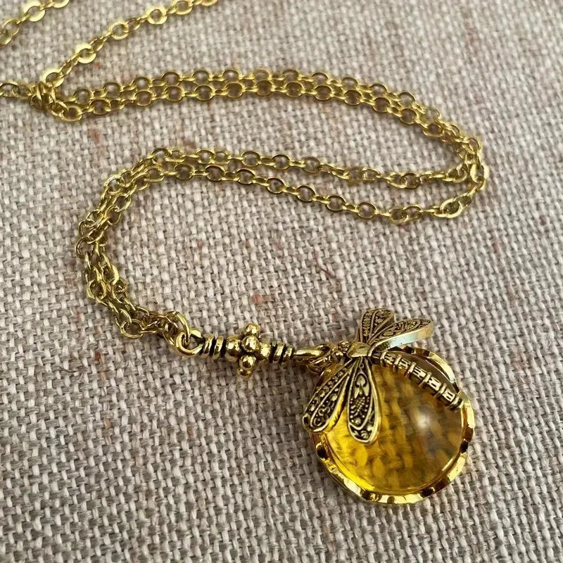 Yellow 925 silver hand carved dragonfly pendant necklace with pastoral style design