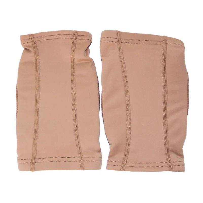 Ballet dance knee pads in skin colour and black options showing elastic construction for knee protection during exercise