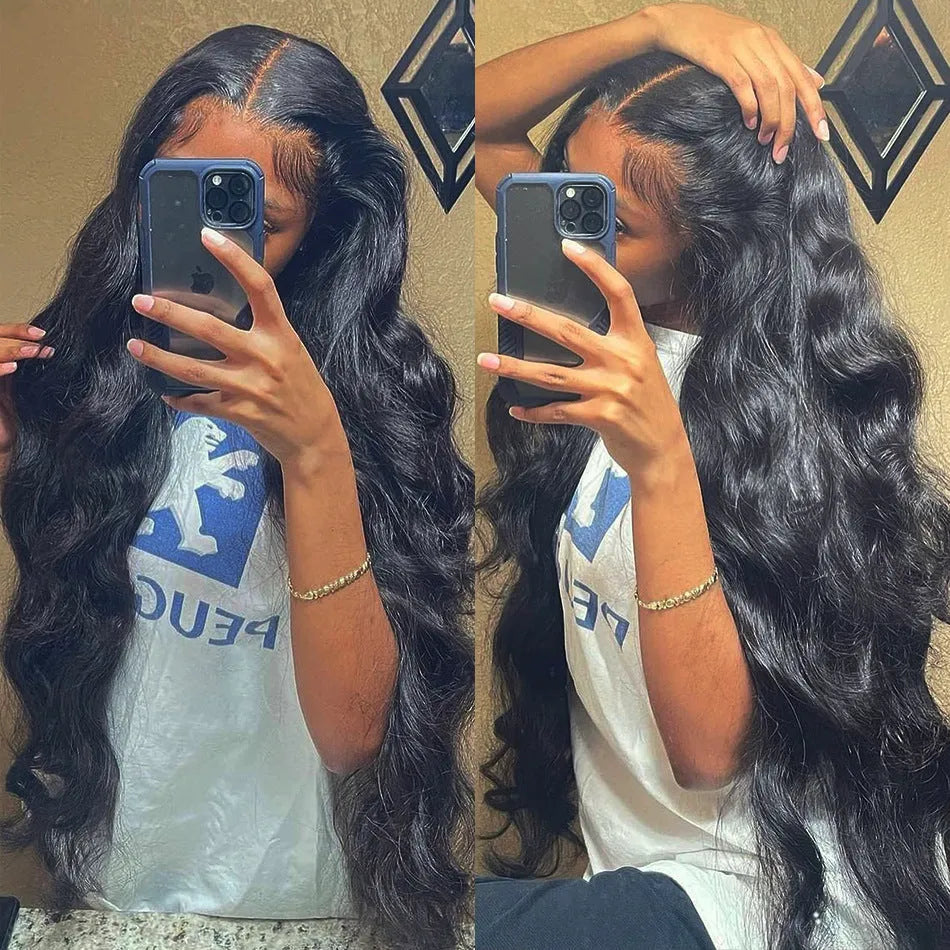 Black synthetic front lace wig with long curly hair and side bangs.
