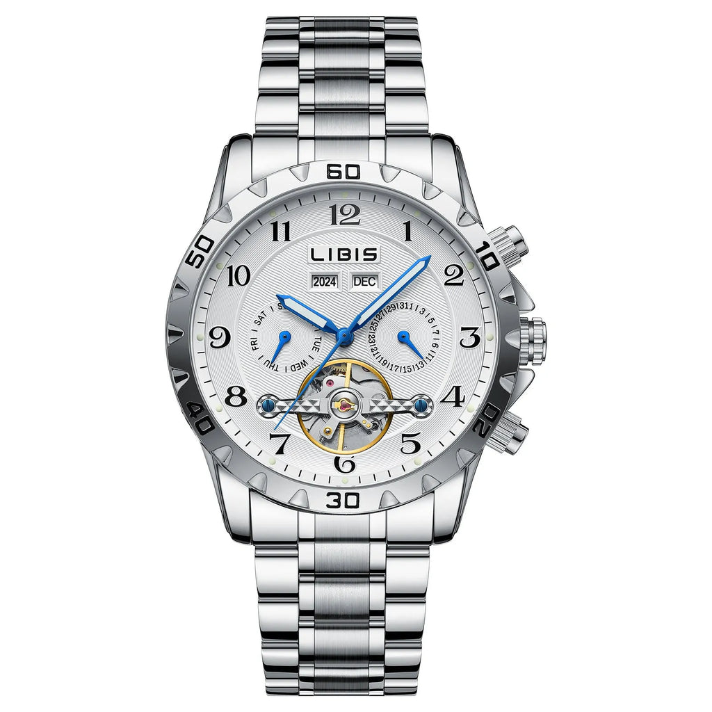 Men's silver stainless steel automatic perpetual calendar mechanical watch on wrist.