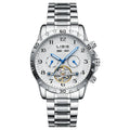 Men's silver stainless steel automatic perpetual calendar mechanical watch on wrist.