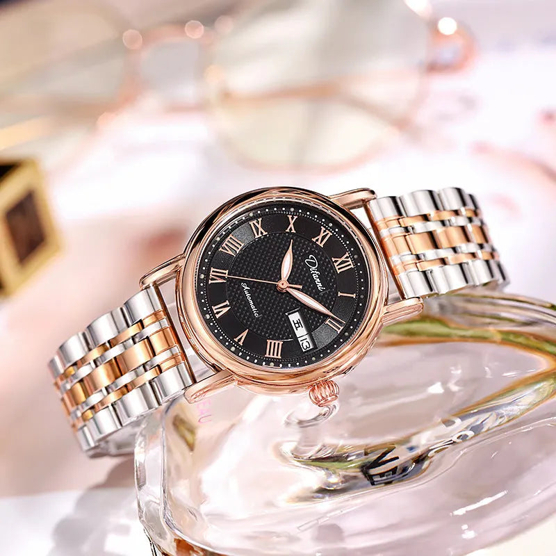 Women's automatic mechanical watch with 12mm thickness showing steel bracelet and leather strap options