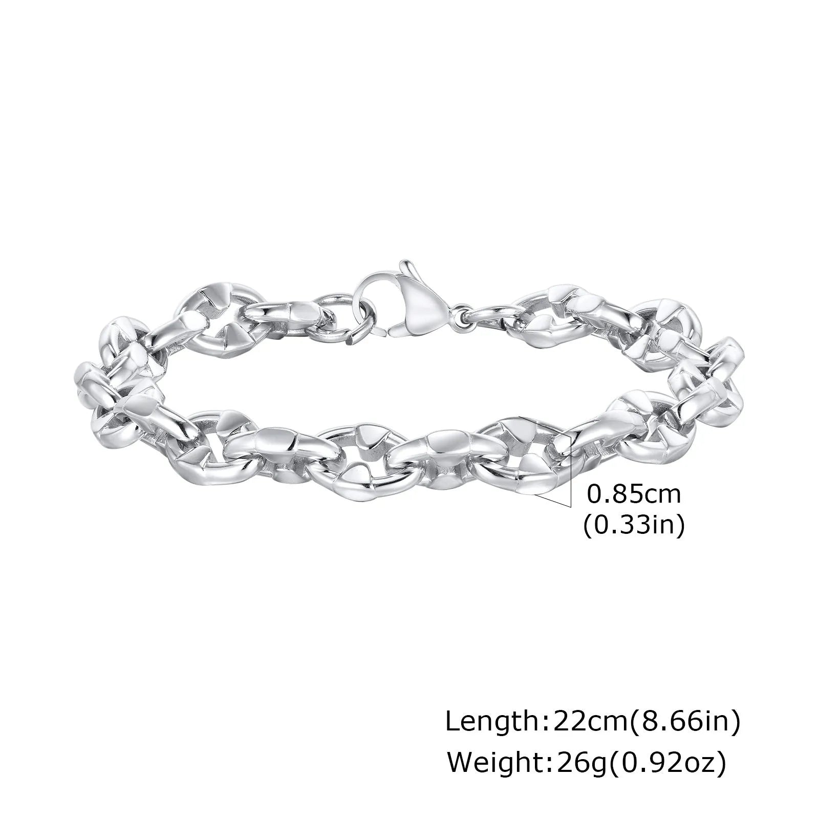Men's stainless steel geometric link chain bracelet showing thick handmade construction