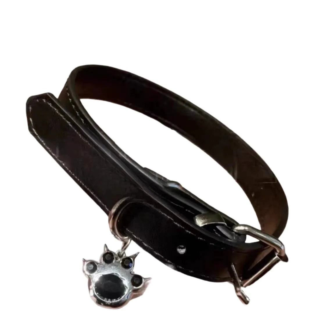 Black adjustable leather cat collar with bell charm showing three design options