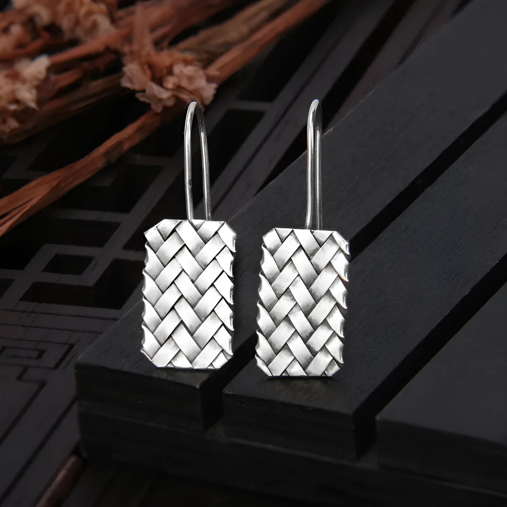Geometric woven diamond plaid earrings in silver tone with 17.5mm height