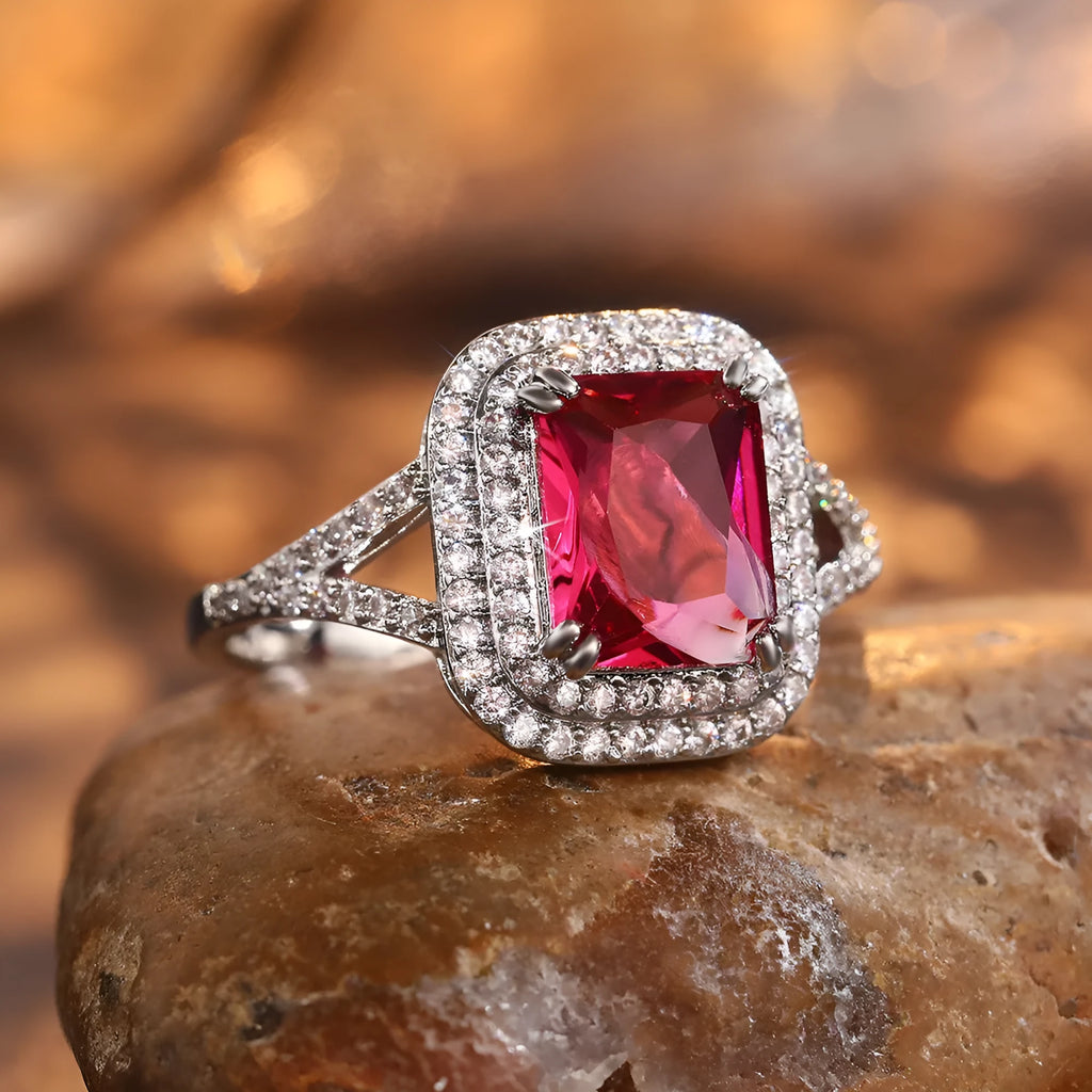 Copper square princess ring with red rhinestones, shown in size selection.