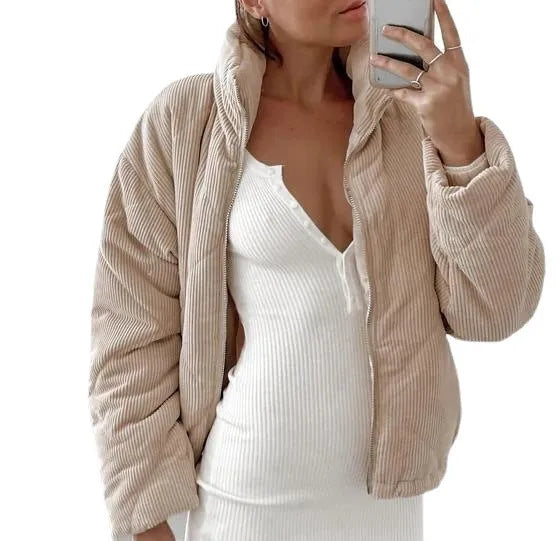 Apricot women's corduroy zip jacket with a stand collar and long sleeves.