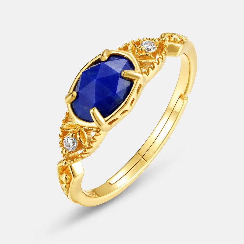 Japanese style geometric silver ring with blue lapis lazuli stone ellipse design