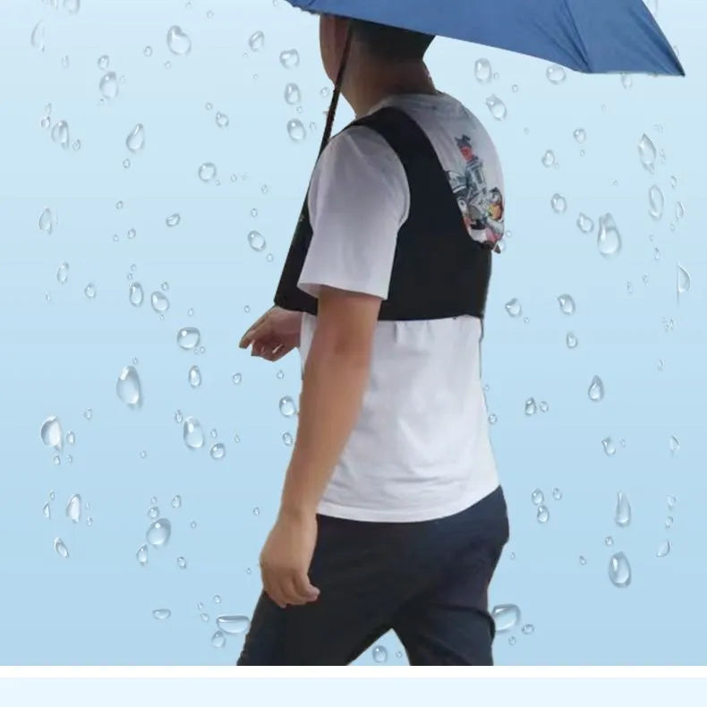 Black portable umbrella holder with fixed shoulder strap for 10-bone manual umbrellas on a mannequin.
