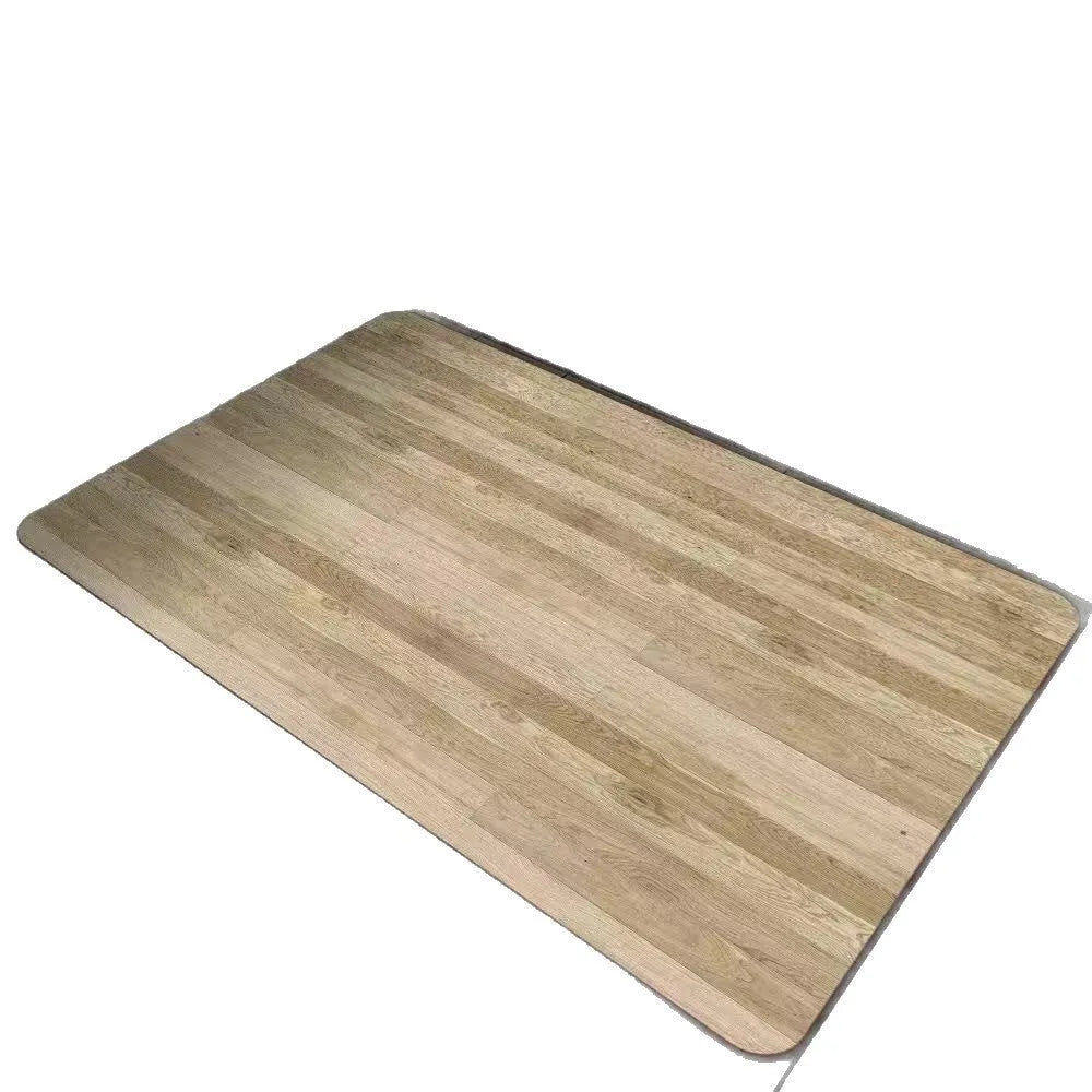 American-style square bath mat with wood grain pattern on a bathroom floor.