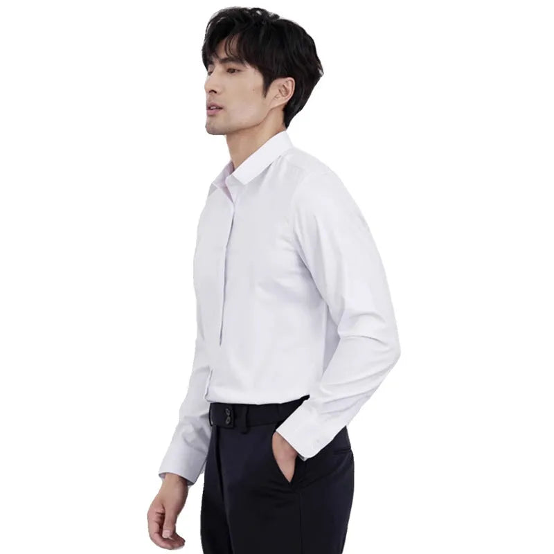 Men's wine red slim fit casual cardigan shirt with non-ironing treatment and long sleeves
