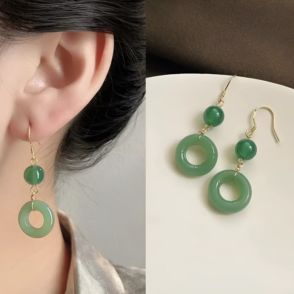Green jade design peace buckle shape cheongsam earrings with zinc alloy construction