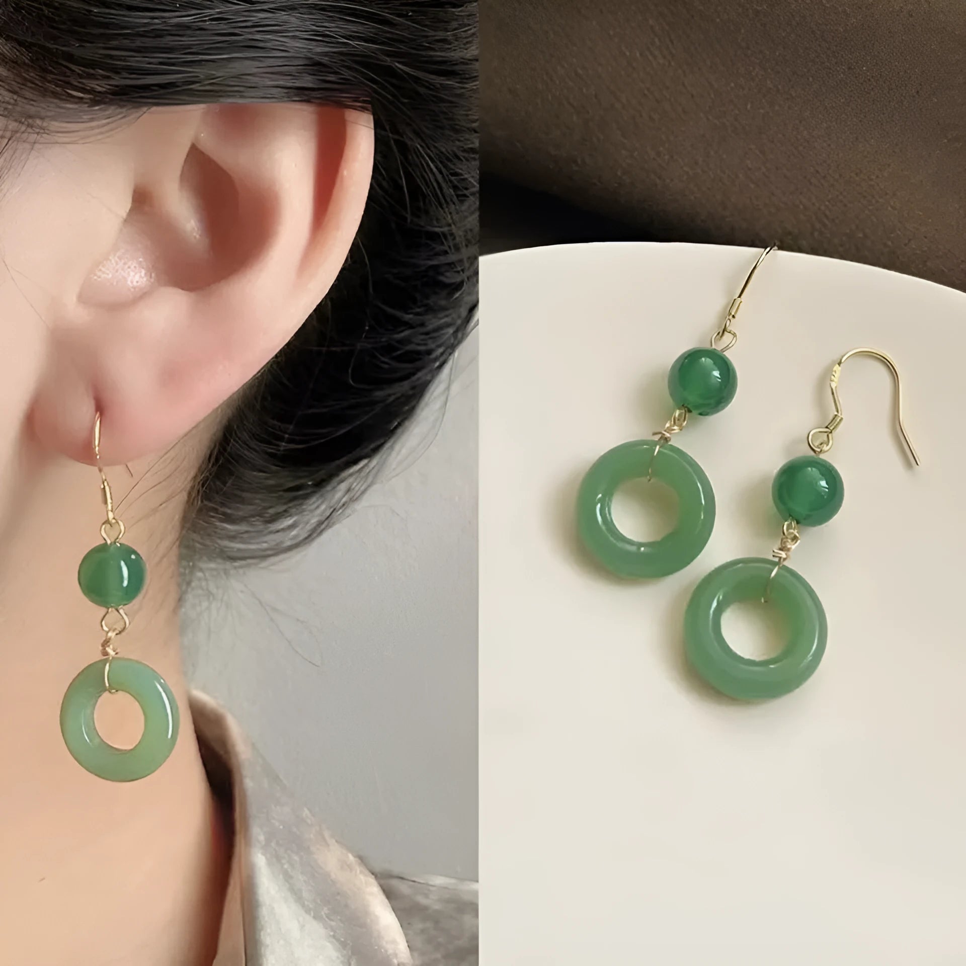 Green jade design peace buckle shape cheongsam earrings with zinc alloy construction