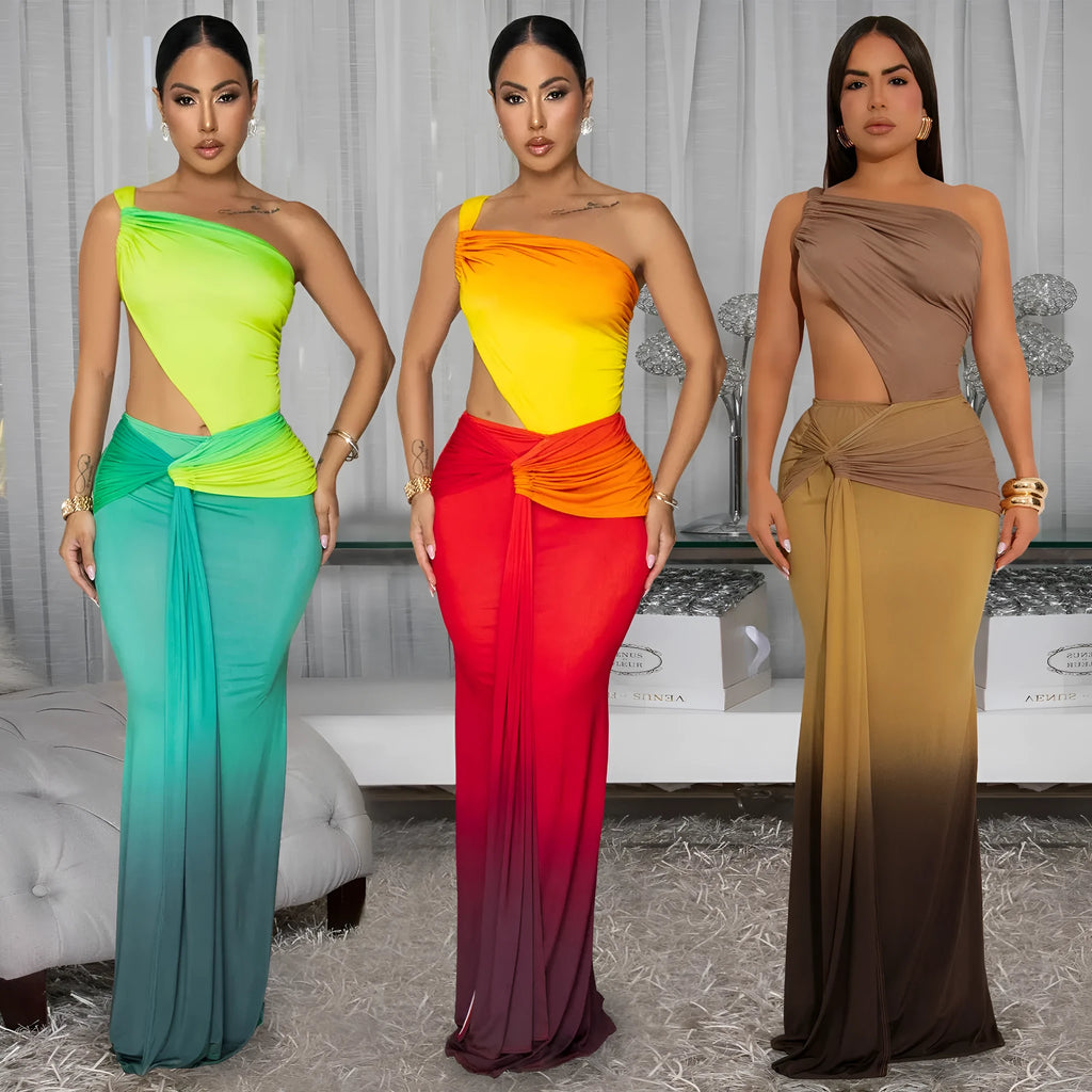 Women's gradient colour cross-shoulder summer dress in polyester fabric
