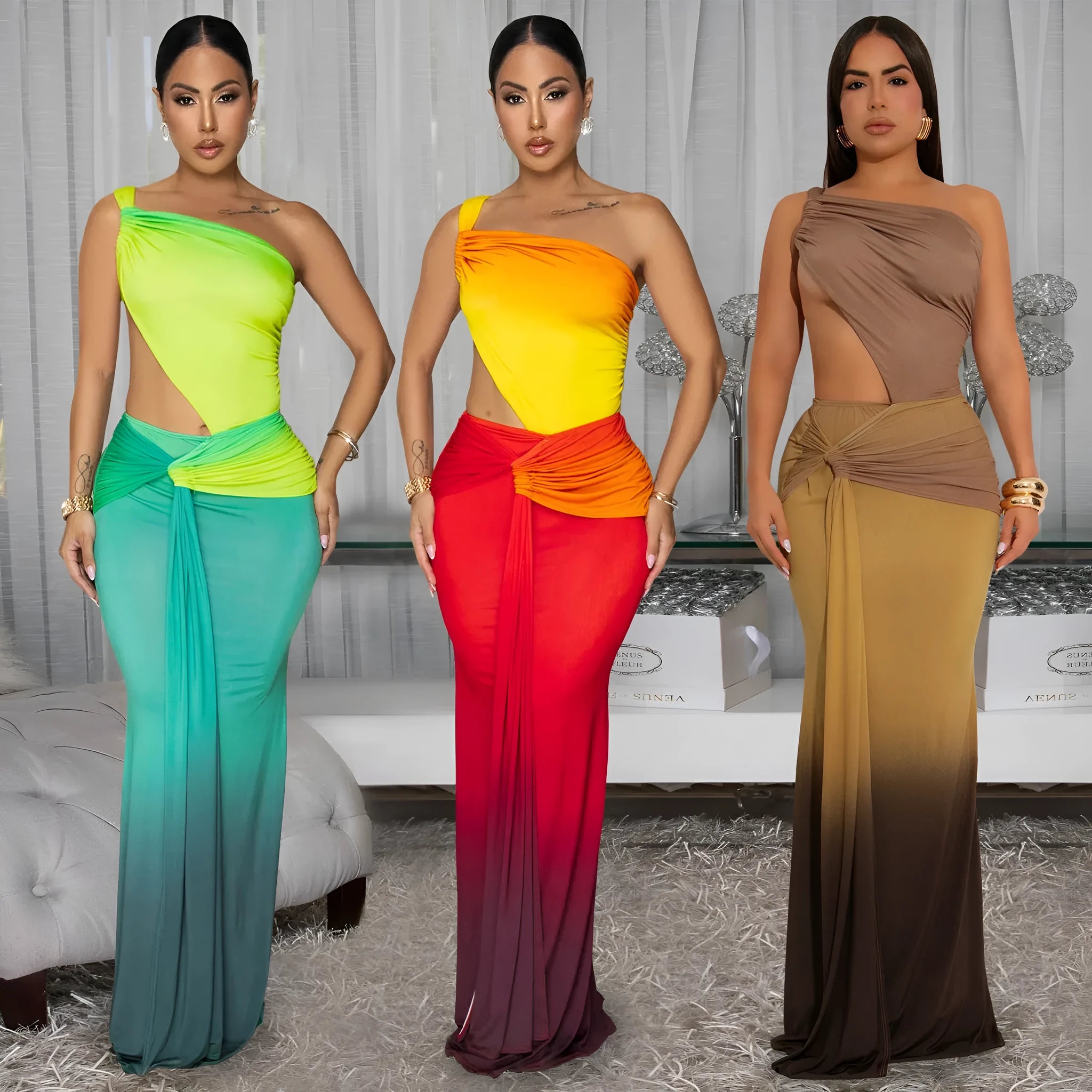 Women's gradient colour cross-shoulder summer dress in polyester fabric