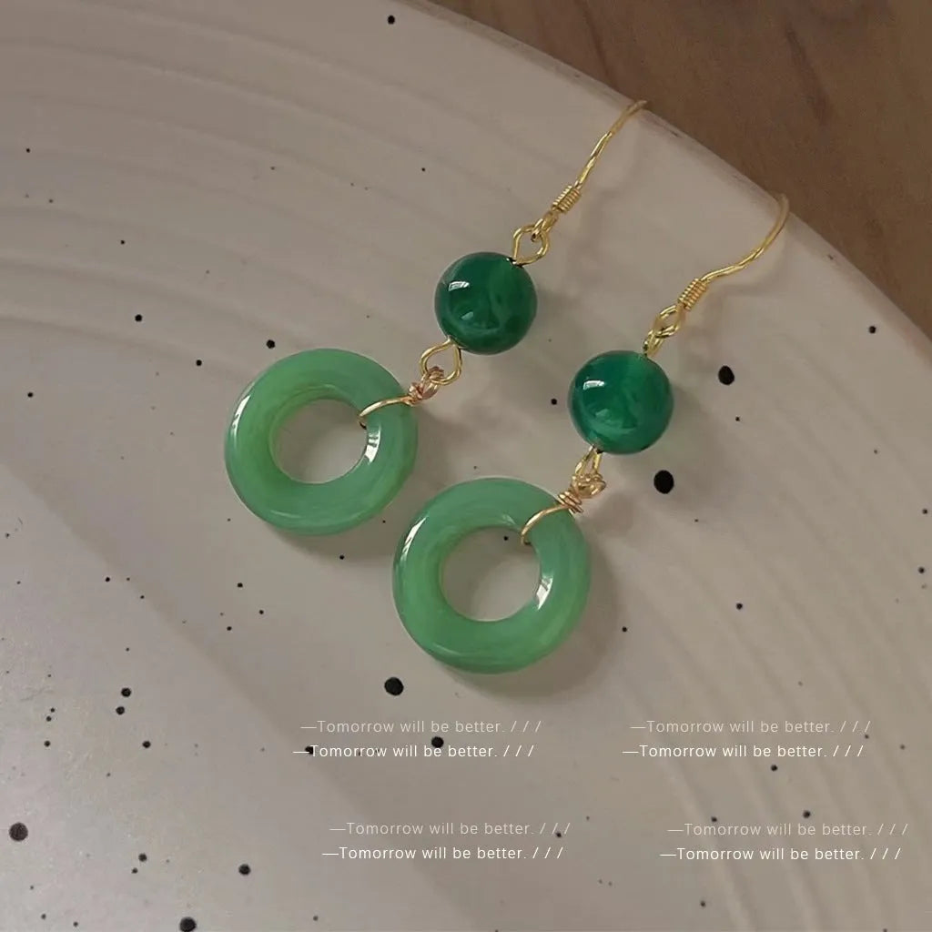 Green jade design peace buckle shape cheongsam earrings with zinc alloy construction