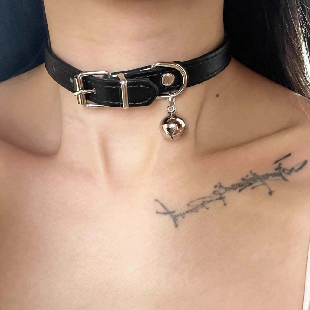 Black adjustable leather cat collar with bell charm showing three design options