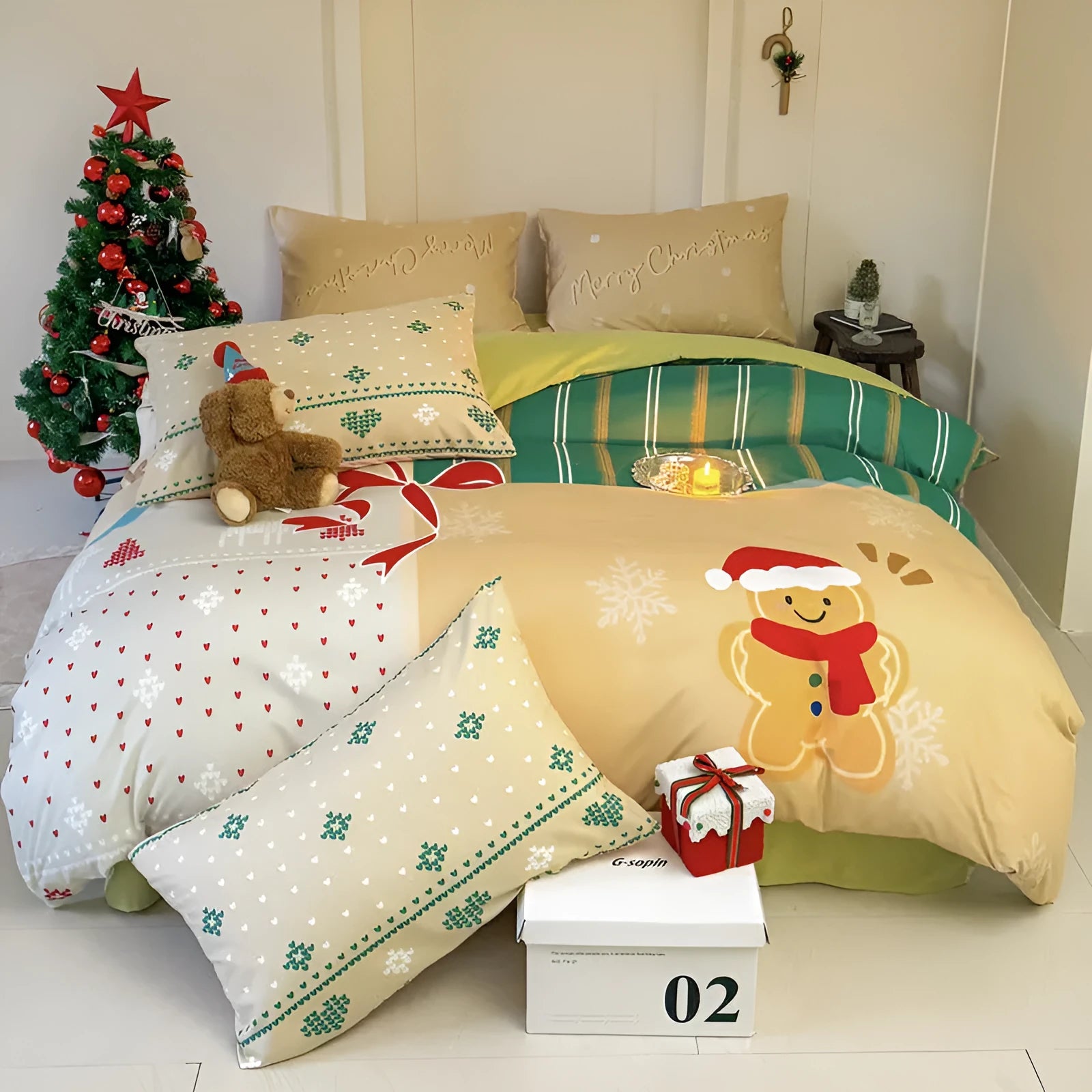 Christmas cartoon print bedding four-piece set showing sheet, duvet cover, and pillowcases.