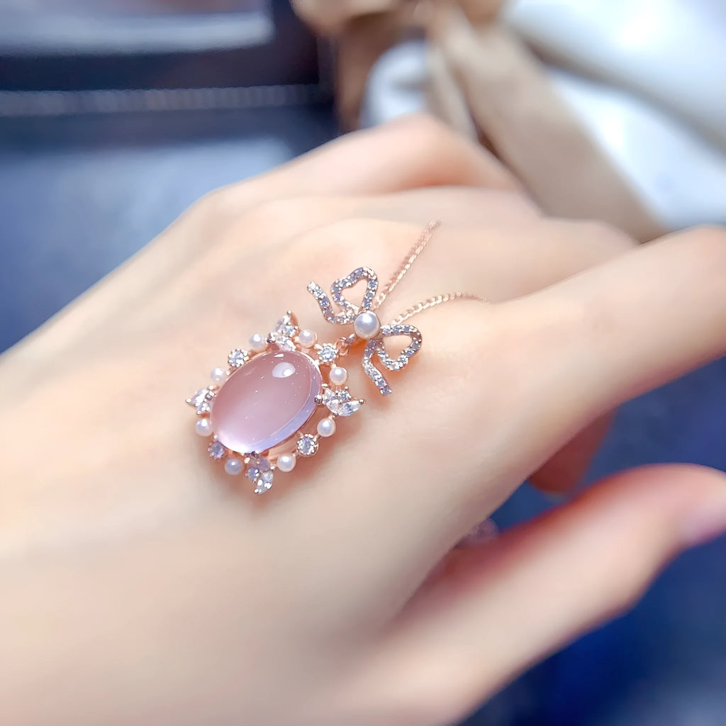 Geometric rose quartz pendant on 925 silver chain with rose gold plating