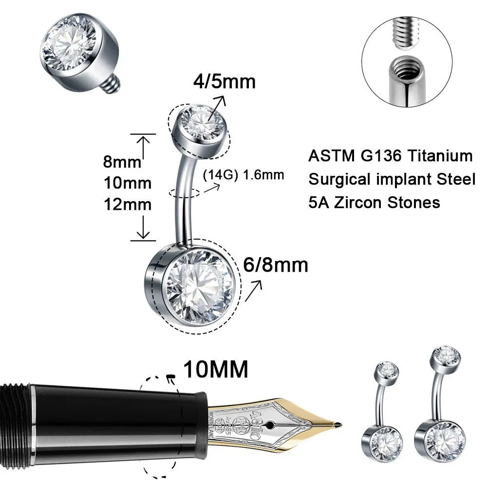 Double-headed zircon titanium alloy navel stud with internal thread in various colors