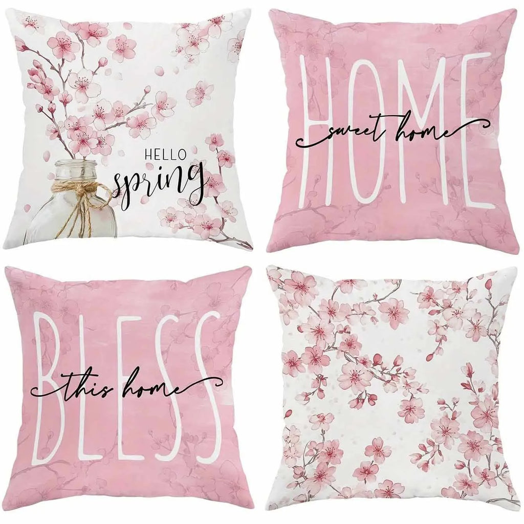 Square cherry blossom letter cushion cover with short velvet fabric in spring colour options