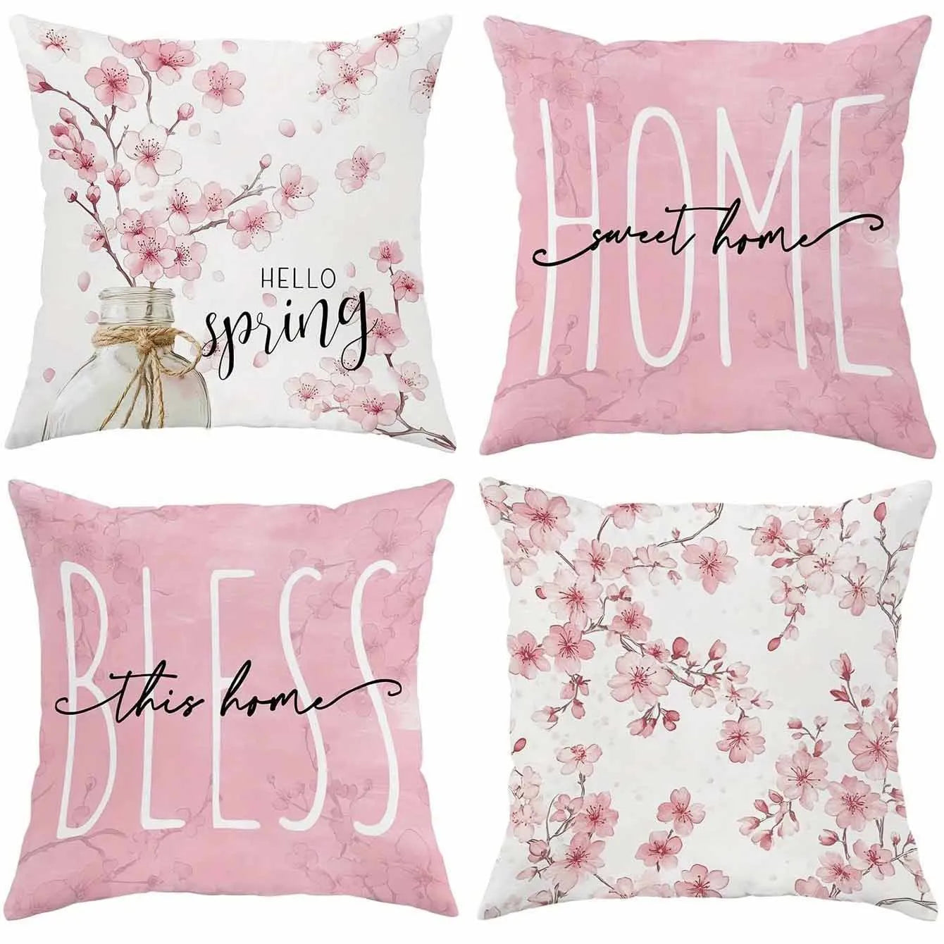 Square cherry blossom letter cushion cover with short velvet fabric in spring colour options